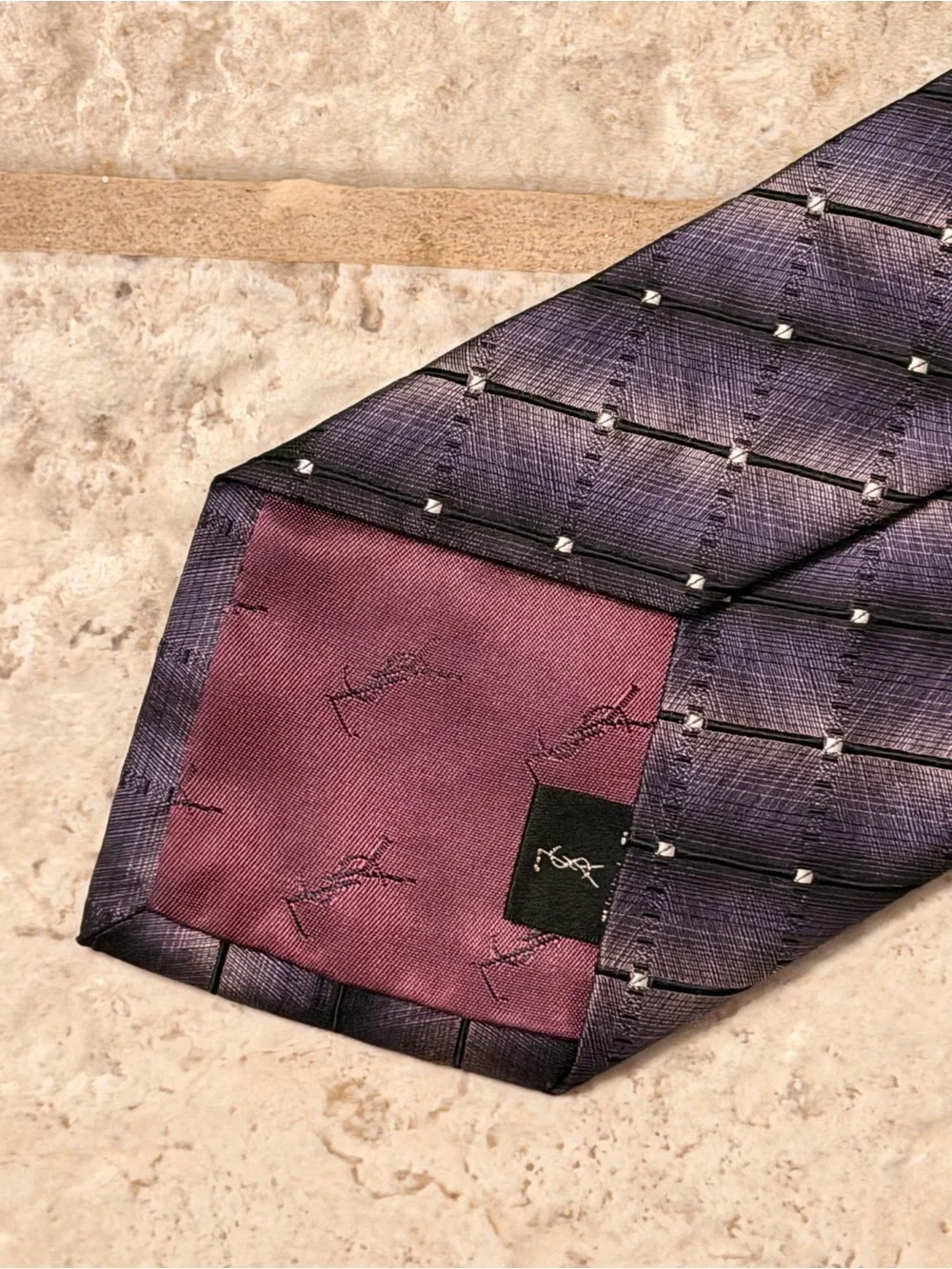 Yves Saint Laurent Lavender Silk Tie with Silver Dot Grid
